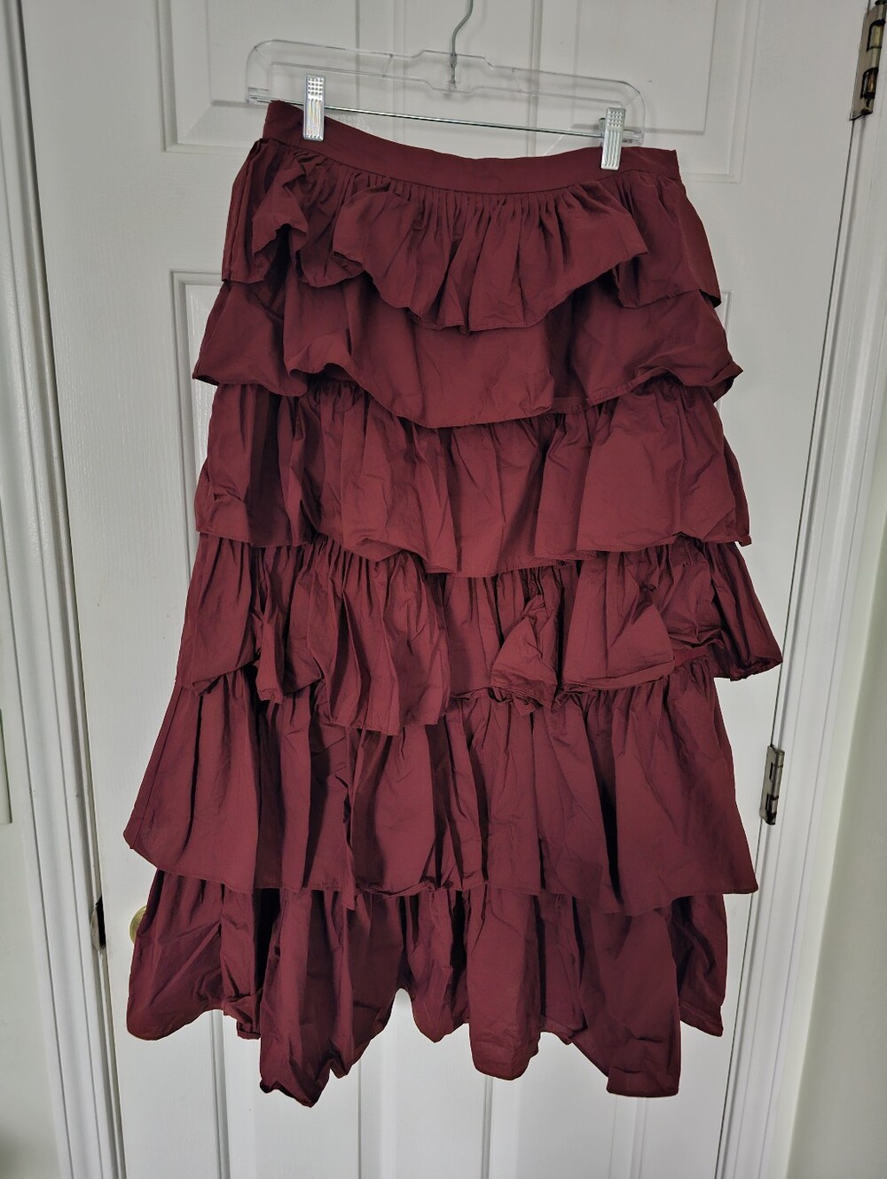 English Factory Burgundy Tiered Ruffle Midi Skirt Size L Cotton Blend Cottagecor - Picture 2 of 5